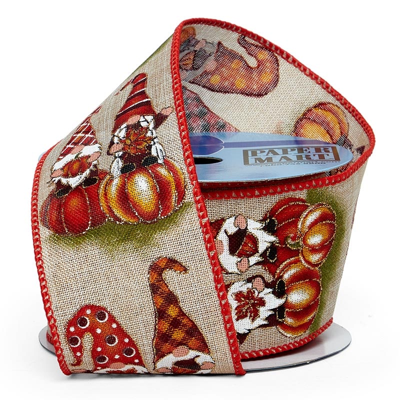 Halloween Gnomes On Wired Ribbon 2 1/2'' x 10 yd Gnomes & Pumpkins - 1 / ROLL