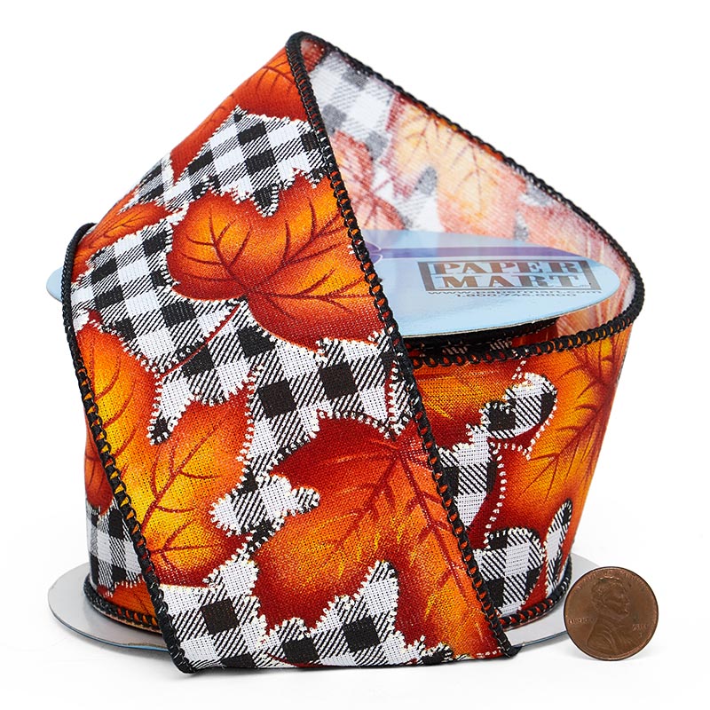 Maple Leaf On Gingham Wired Ribbon 2 1/2 '' X 10 yd - 1 / ROLL