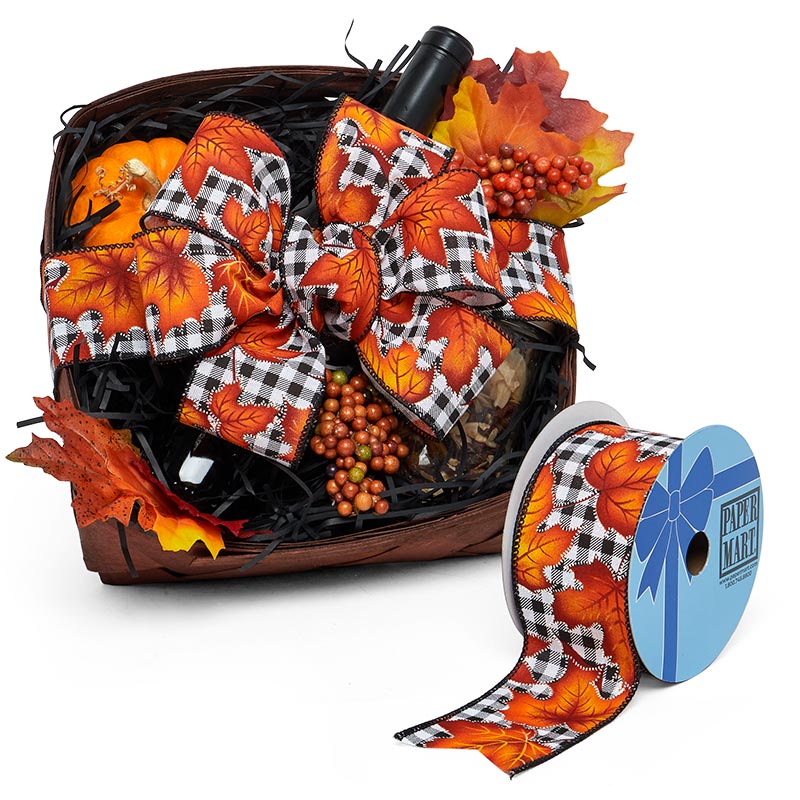 Maple Leaf On Gingham Wired Ribbon 2 1/2 '' X 10 yd - 1 / ROLL