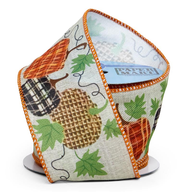 Pumpkin Print On Wired Ribbon 2 1/2 ''x10 yd - Printed Plaid Pumpkins Color 1 / ROLL