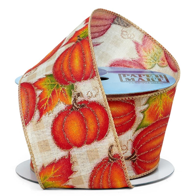 Pumpkins On Gingham Wired Ribbon - Tan 2 1/2'' x 10 yd - 1 / roll