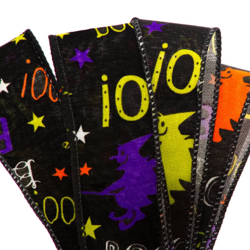 Black Boo Halloween Wired Ribbon  1 1/2 '' x 10 yd - 1 / ROLL