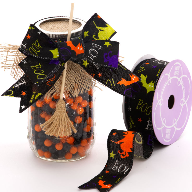 Black Boo Halloween Wired Ribbon  1 1/2 '' x 10 yd - 1 / ROLL
