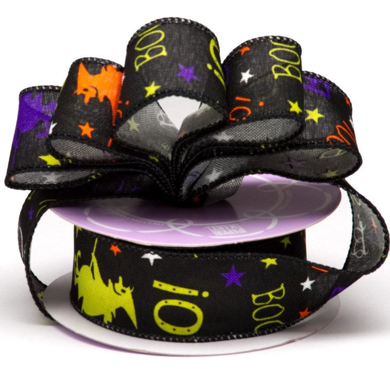 Black Boo Halloween Wired Ribbon  1 1/2 '' x 10 yd - 1 / ROLL