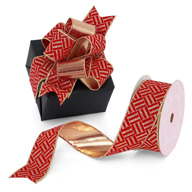 Modern Red & Gold Wired Ribbon 2 1/2 '' X 10 yd - 1 / ROLL