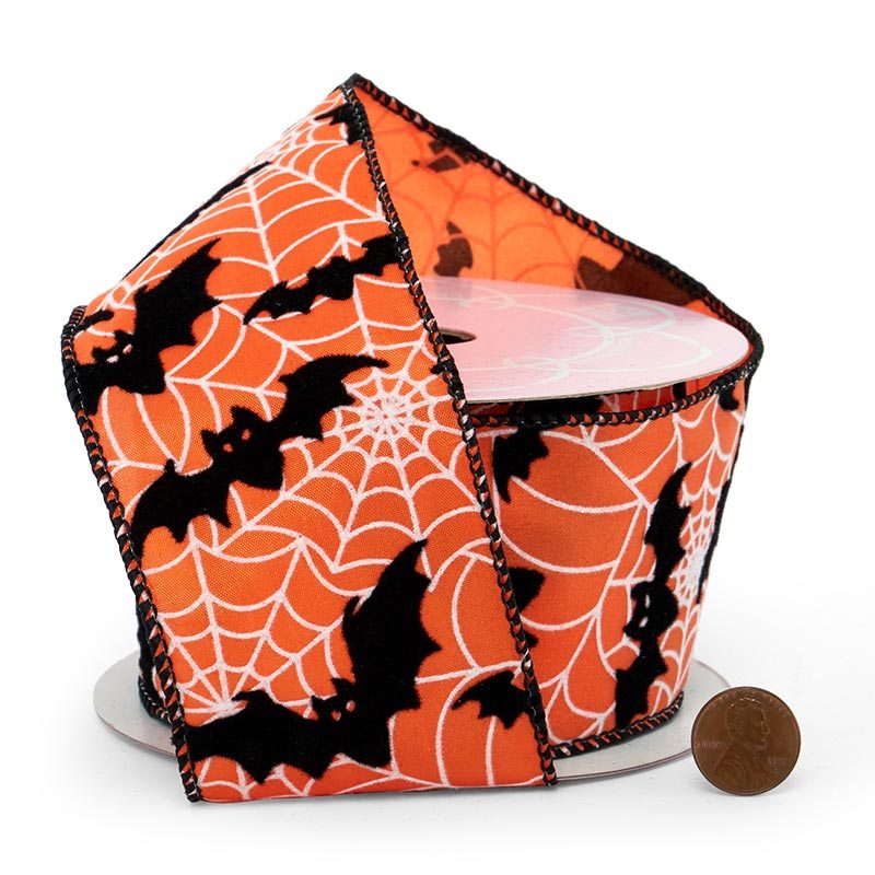 Flocked Bats On Spider Webs Wired Ribbon 2 1/2 ''x10 yd 1 / ROLL