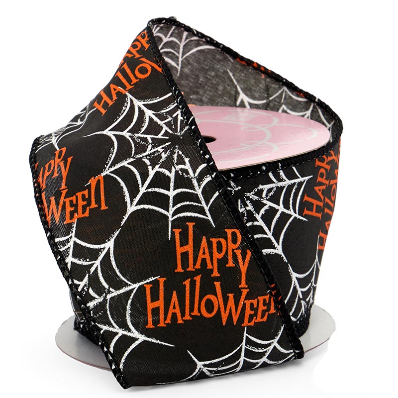 Happy Halloween" Wired Ribbon 2 1/2'' x 10 yd x Black W/ Spiderwebs - 1 / ROLL