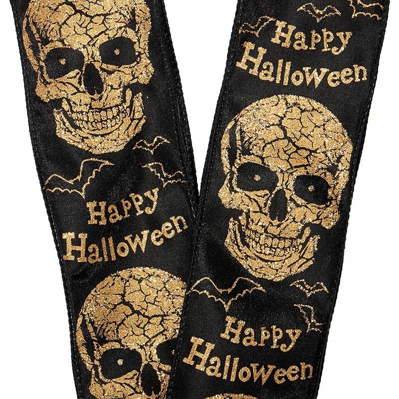 Gold Skulls On Black Wired Ribbon 2 1/2 ''x10 yd 1 / ROLL