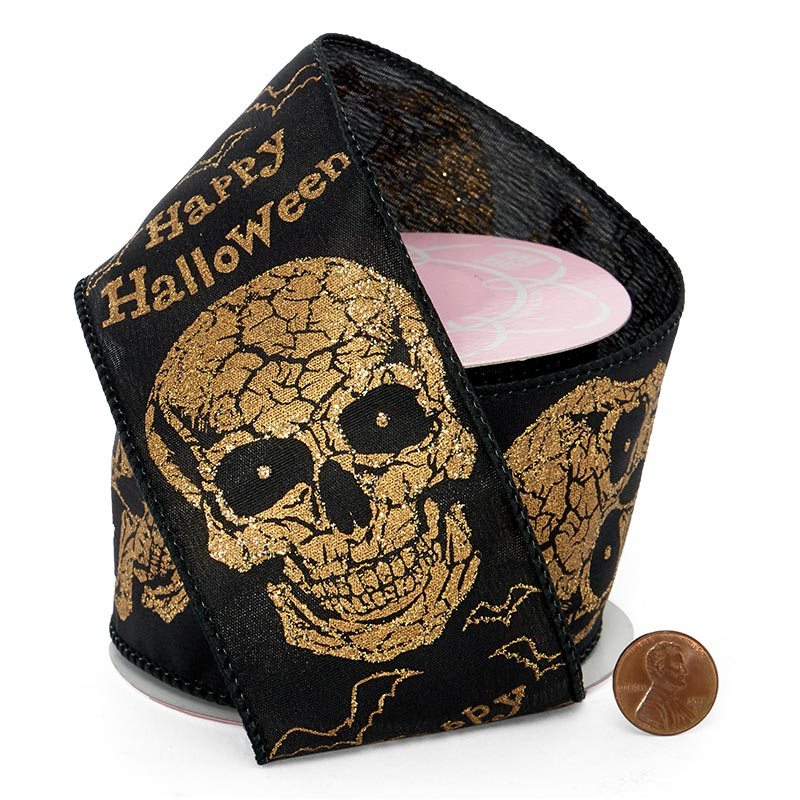 Gold Skulls On Black Wired Ribbon 2 1/2 ''x10 yd 1 / ROLL