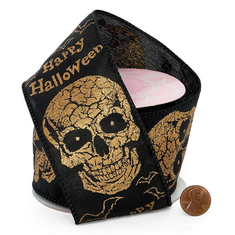 Gold Skulls On Black Wired Ribbon 2 1/2 ''x10 yd 1 / ROLL