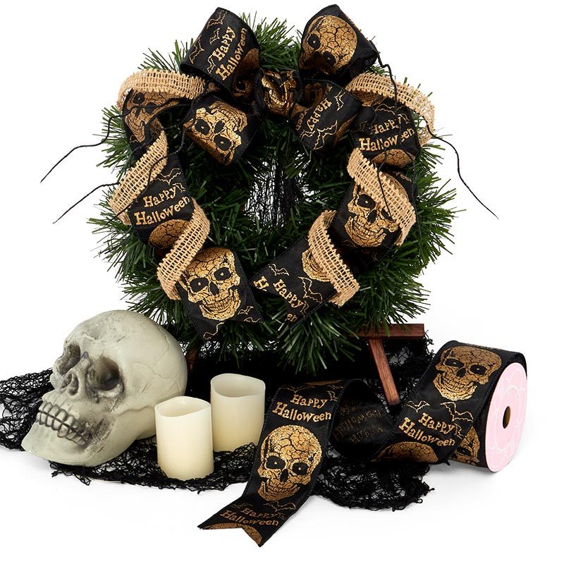 Gold Skulls On Black Wired Ribbon 2 1/2 ''x10 yd 1 / ROLL