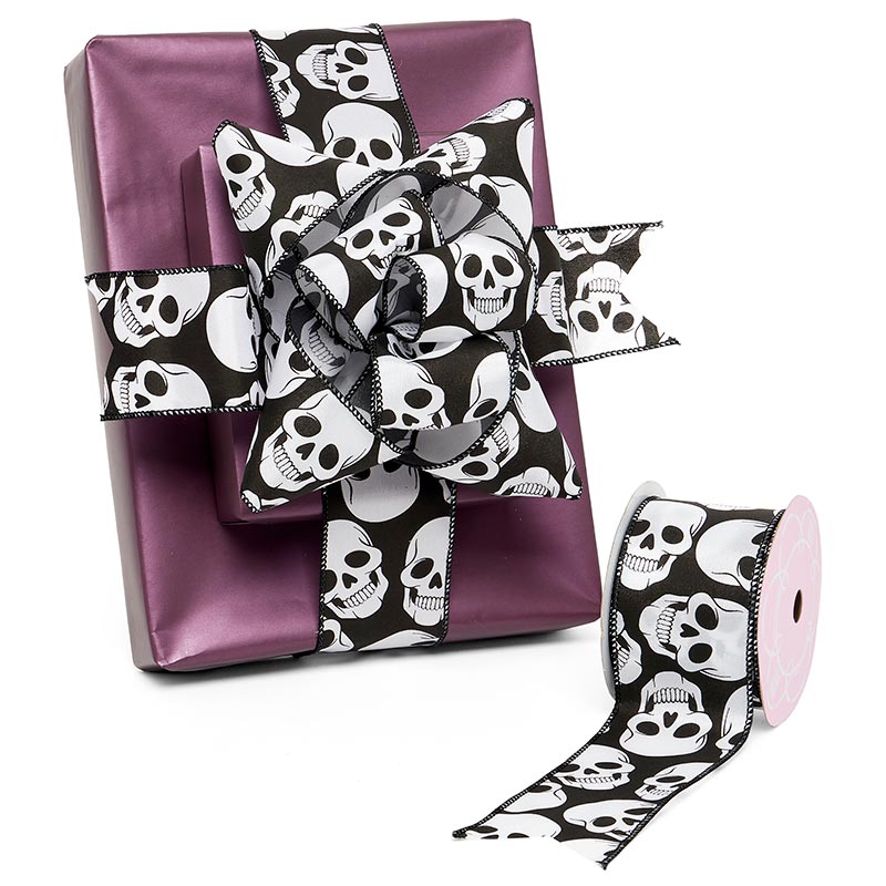 Skulls On Wired Ribbon 2 1/2 ''x10 yd - BLACK/WHITE Color 1 / ROLL