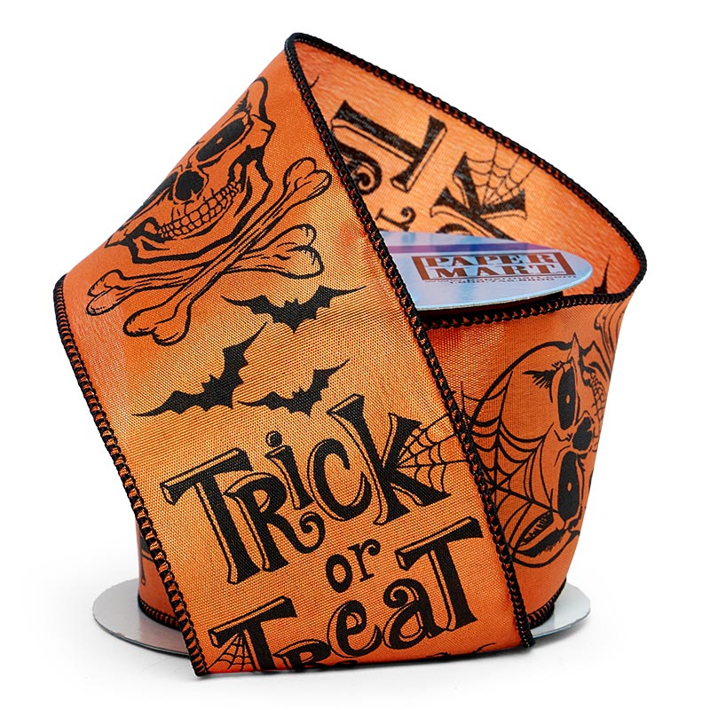 Trick or Treat Wired Ribbon 2 1/2'' x 10 yd Orange - 1 / ROLL