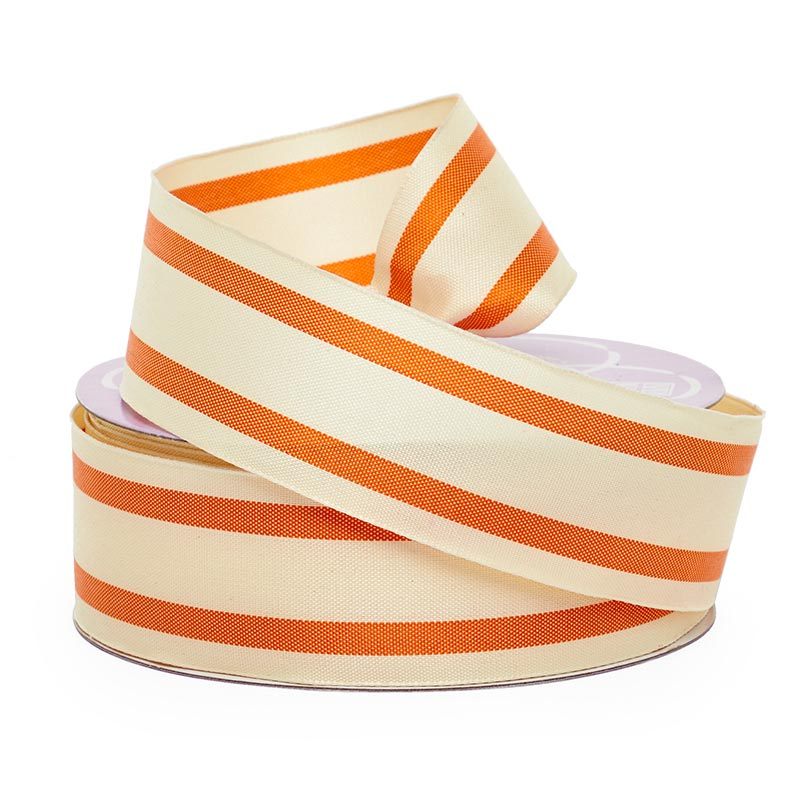 Double Striped Fabric Ribbon 1 1/2 '' X 25 yd Ivory / Tangerine Color 1 / roll