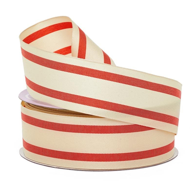 Double Striped Fabric Ribbon 1 1/2 '' X 25 yd Ivory / Coral Color 1 / roll
