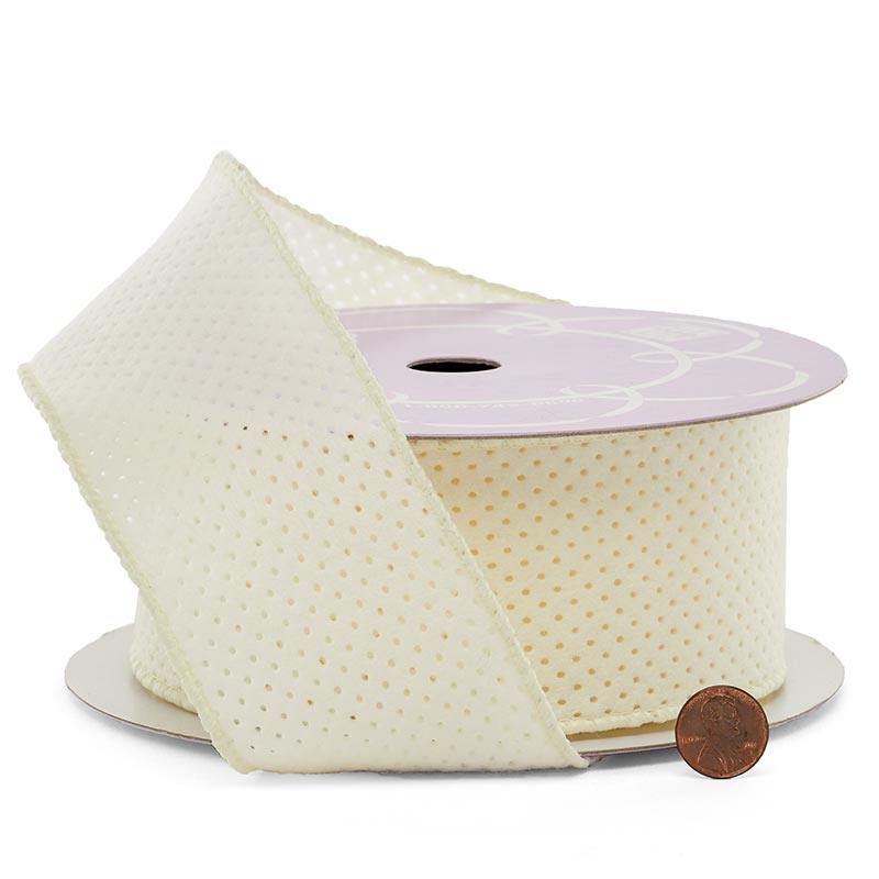 Ivory Mini Dot Felt Wired Ribbon 2 1/2 '' X 10 yd - 1 / ROLL