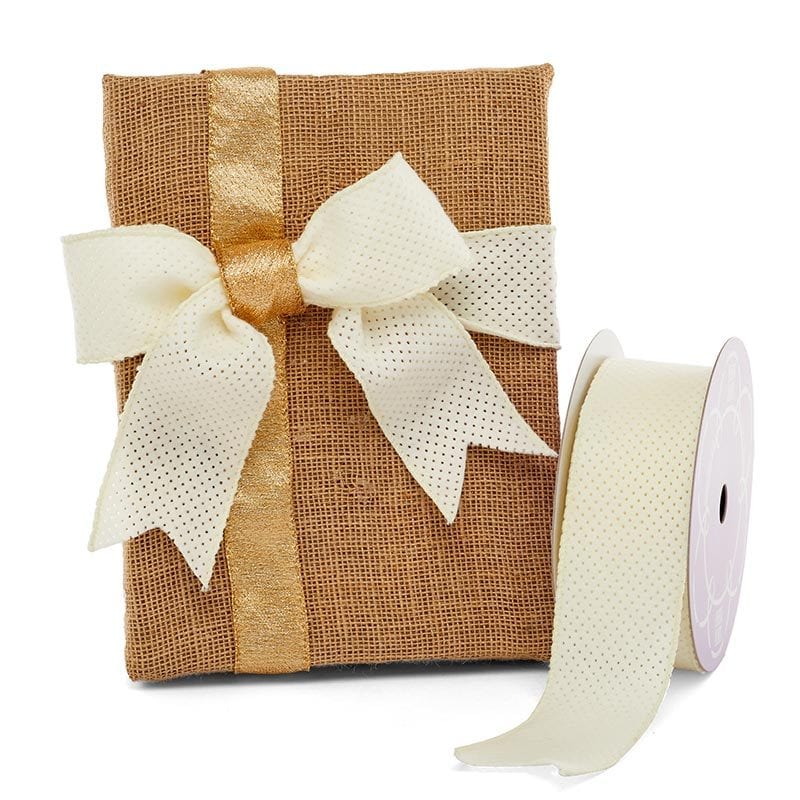 Ivory Mini Dot Felt Wired Ribbon 2 1/2 '' X 10 yd - 1 / ROLL