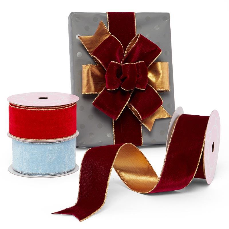 Thin Velvet with Metallic Back Wired Ribbon Burgundy / Gold Color 1 / ROLL