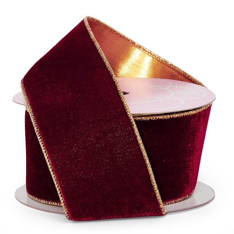 Thin Velvet with Metallic Back Wired Ribbon Burgundy / Gold Color 1 / ROLL