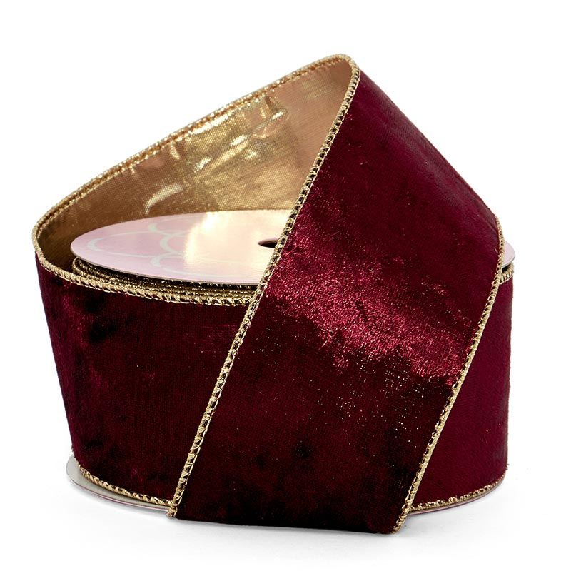 Soft Velvet with Metallic Back Wired Ribbon Wine / Gold – 2.5" x 10 Yards (1 Roll)