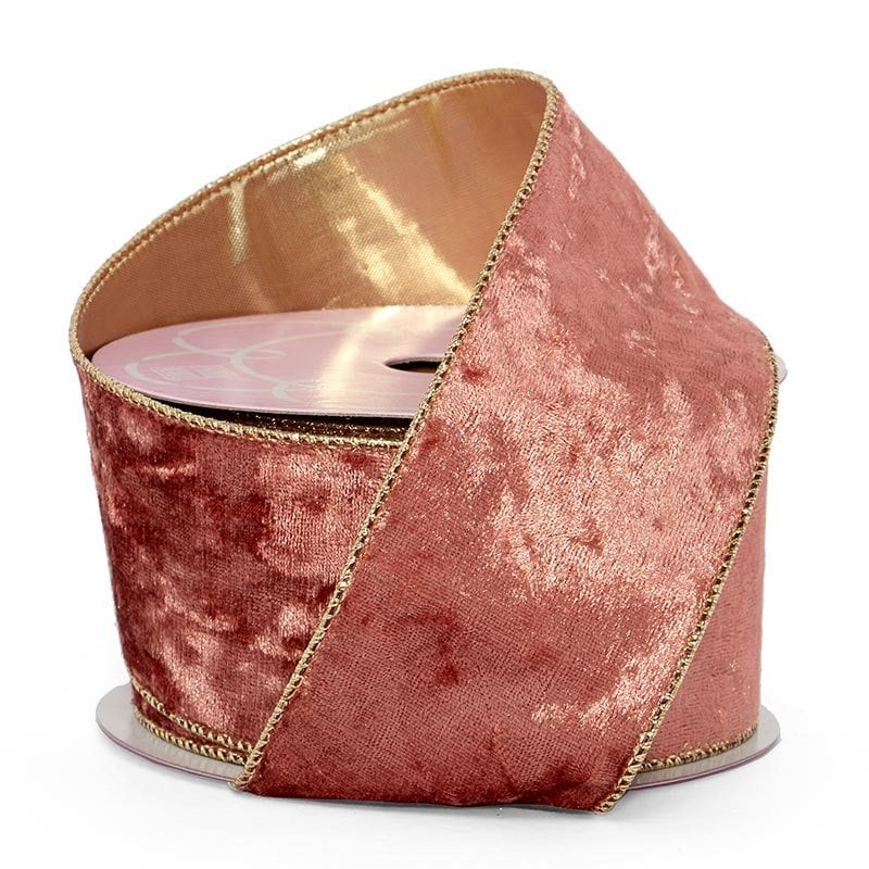 Soft Velvet with Metallic Back Wired Ribbon Coral / Gold – 2.5" x 10 Yards (1 Roll)