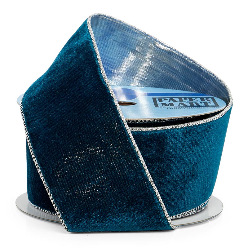 Soft Velvet with Metallic Back Wired Ribbon Turquoise / Silver – 2.5" x 10 Yards (1 Roll)