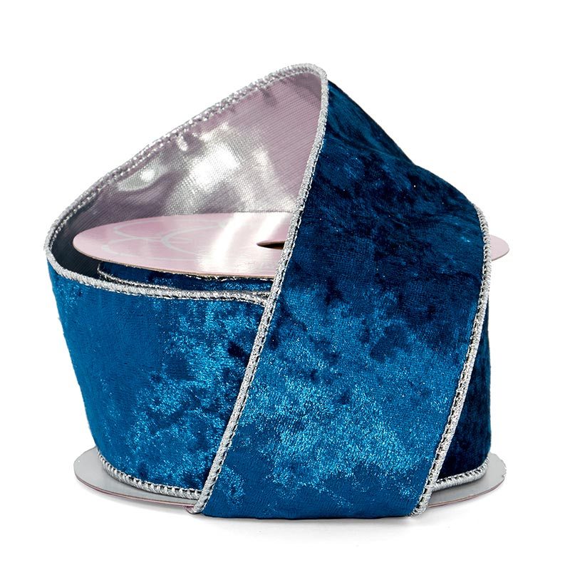 Soft Velvet with Metallic Back Wired Ribbon Dark Turquoise / Silver – 2.5" x 10 Yards (1 Roll)