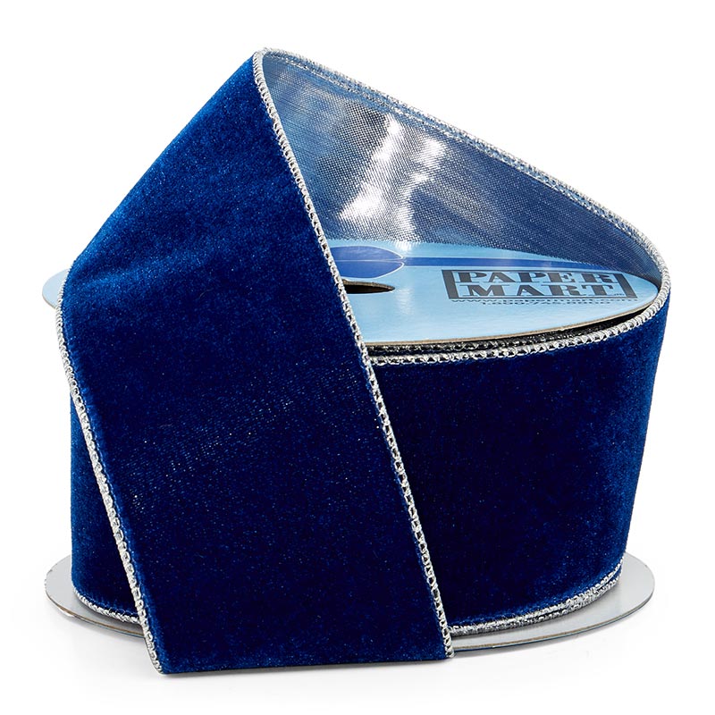 Soft Velvet with Metallic Back Wired Ribbon Royal / Silver – 2.5" x 10 Yards (1 Roll)