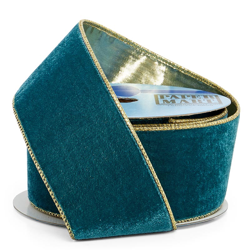 Soft Velvet with Metallic Back Wired Ribbon Teal / Silver – 2.5" x 10 Yards (1 Roll)