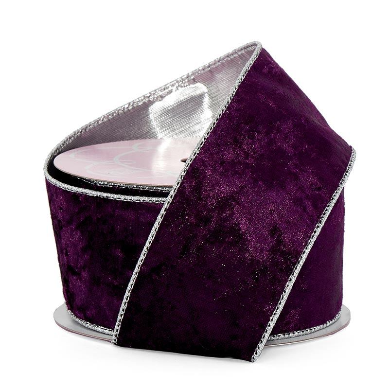 Soft Velvet with Metallic Back Wired Ribbon Plum / Silver – 2.5" x 10 Yards (1 Roll)