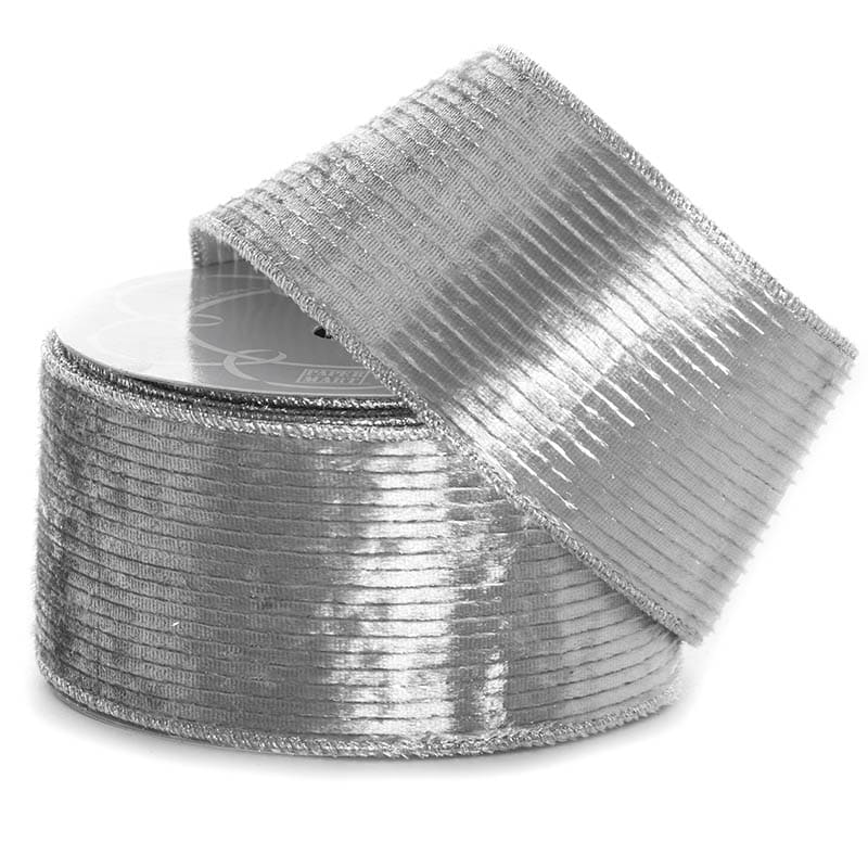 Pinstripe Velvet Wired Ribbon - Silver 2 1/2 '' X 10 yd - 1 / ROLL
