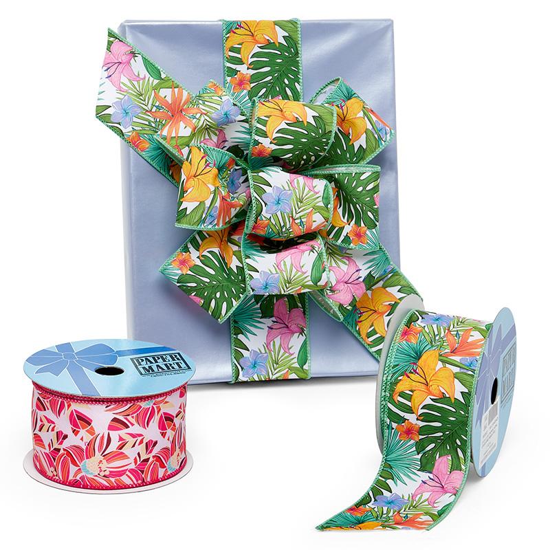 Tropical Floral Leaves Wired Ribbon Green Color 1 / ROLL