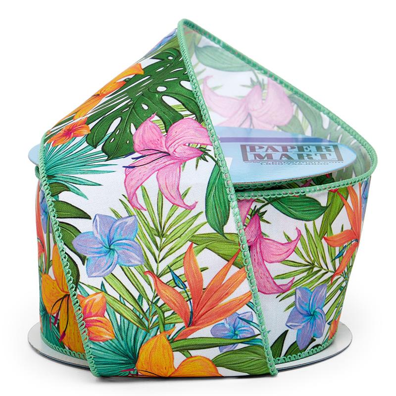 Tropical Floral Leaves Wired Ribbon Green Color 1 / ROLL