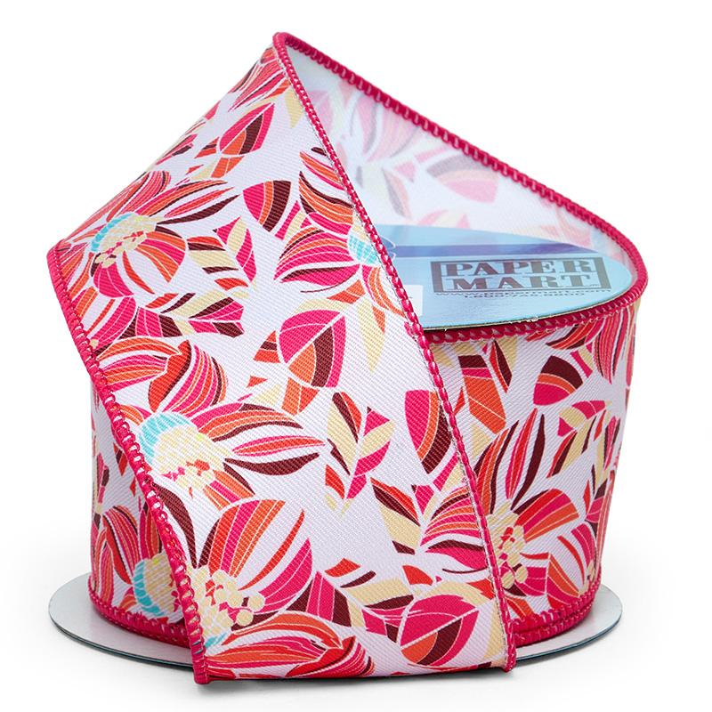 Tropical Floral Leaves Wired Ribbon Pink Color 1 / ROLL
