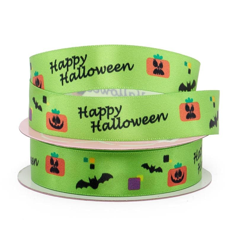Narrow Halloween Patterns Satin Ribbon 7/8 ''x25 yd - Happy Halloween Lime Color 1 / ROLL