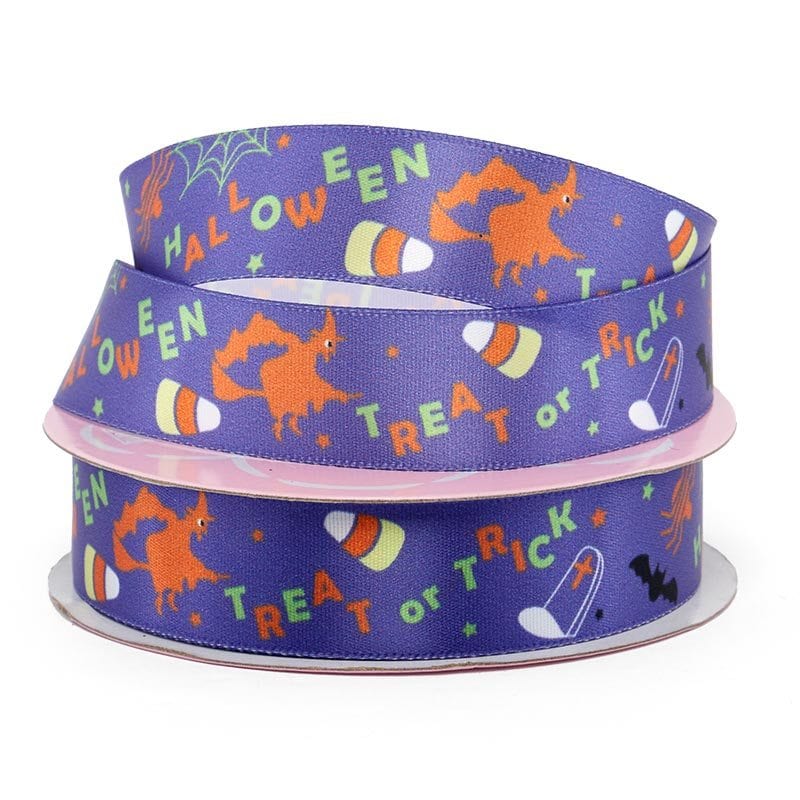 Narrow Halloween Patterns Satin Ribbon 7/8 ''x25 yd - Happy Theme Purple Color 1 / ROLL