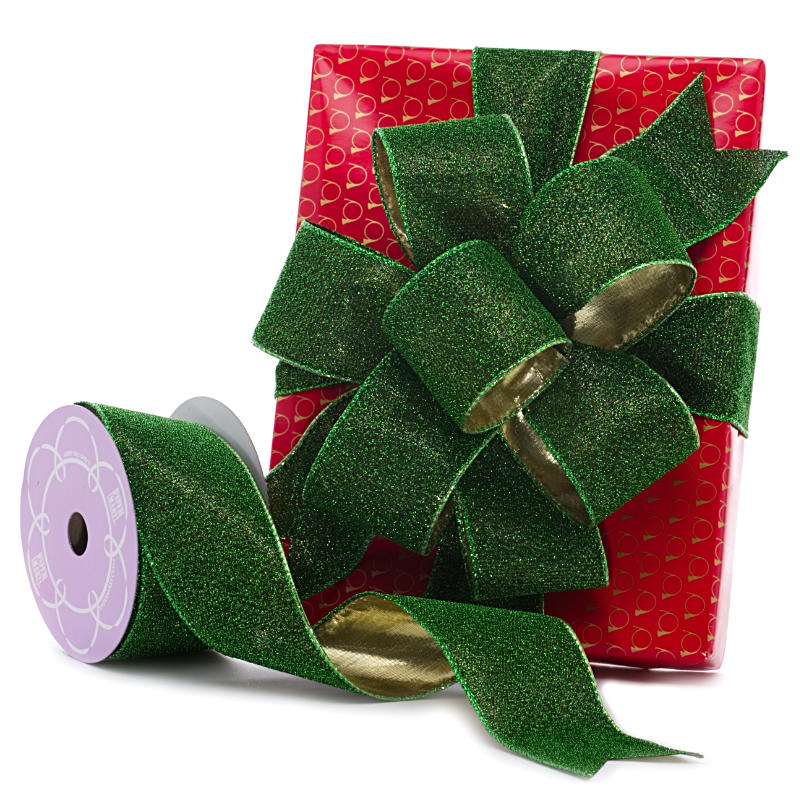 Green Sparkle Lamé Double Sided Ribbon  2 1/2 '' 10 yd - 1 / ROLL