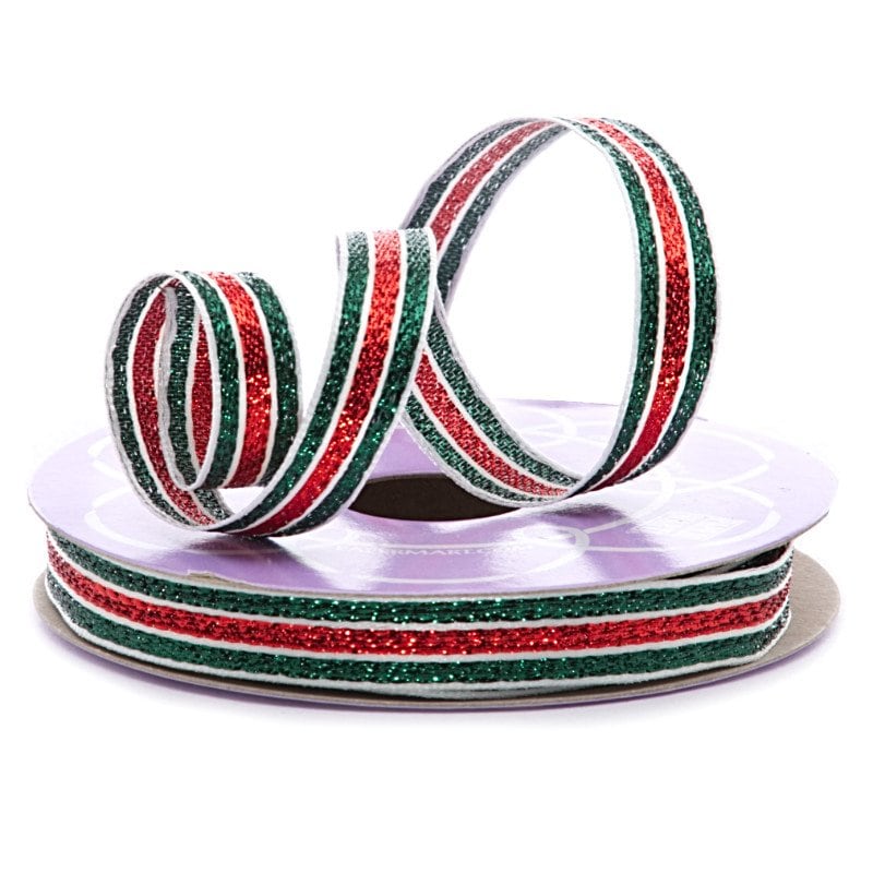 Bright Striped Metallic Ribbon 3/8 '' x 10 yd Green / Red Color 1 / ROLL