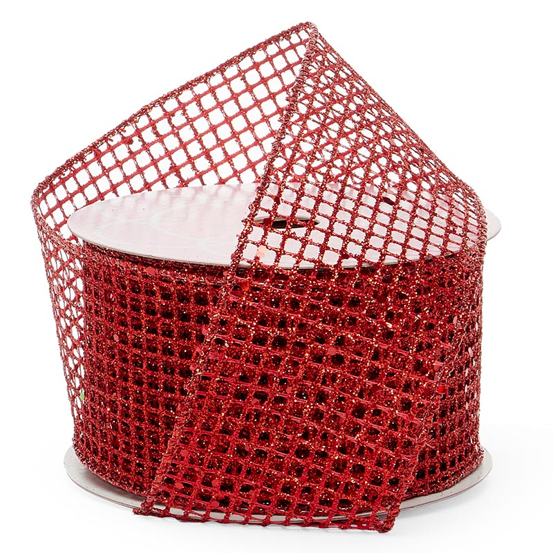 Sparkling Metallic Net Wired Ribbon - Red 2 1/2 '' X 10 yd - Red Color 1 / ROLL
