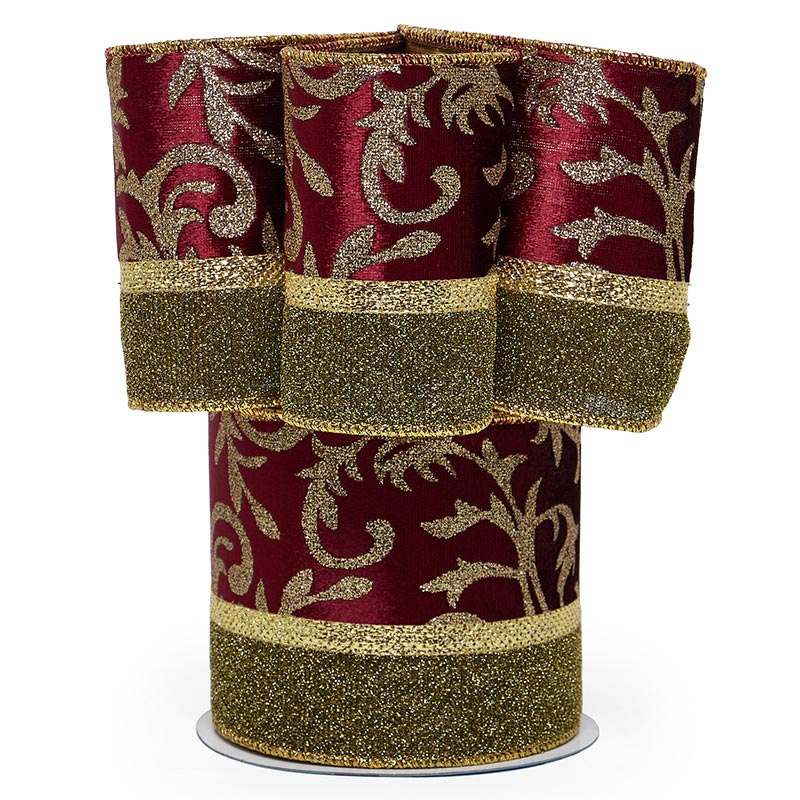 Extra Wide Florence Christmas Wired Ribbon 4 '' X 10 yd Wine / Gold (Gold Back) Color 1 / roll