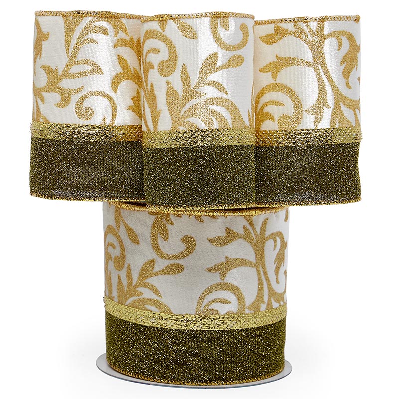 Extra Wide Florence Christmas Wired Ribbon 4 '' X 10 yd White / Gold (Gold Back) Color 1 / roll