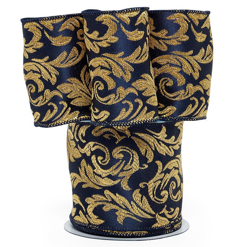 Extra Wide Florence Christmas Wired Ribbon 4 '' X 10 yd Gold / Navy Color 1 / roll