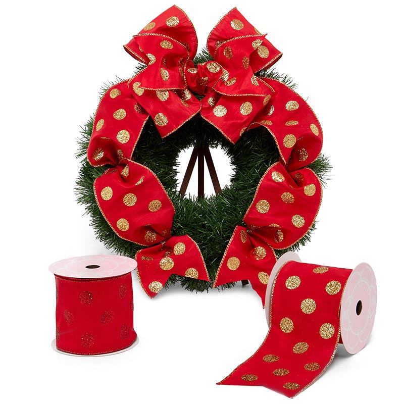 Glitter Dots On Extra Wide Wired Ribbon 4 '' X 10 yd Gold / Red Color 1 / ROLL