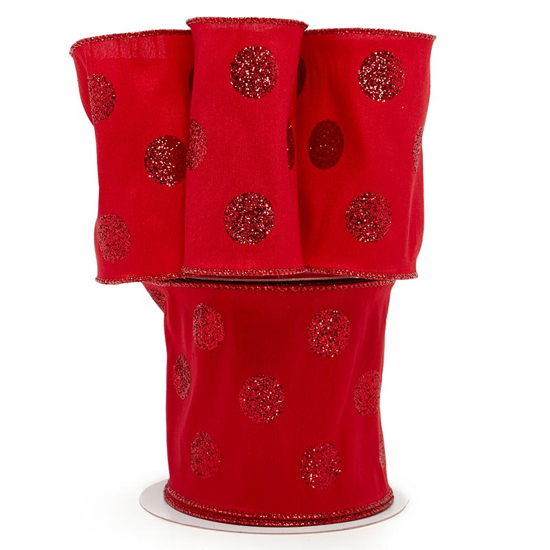 Glitter Dots On Extra Wide Wired Ribbon 4 '' X 10 yd Red Color 1 / ROLL