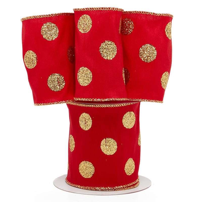 Glitter Dots On Extra Wide Wired Ribbon 4 '' X 10 yd Gold / Red Color 1 / ROLL