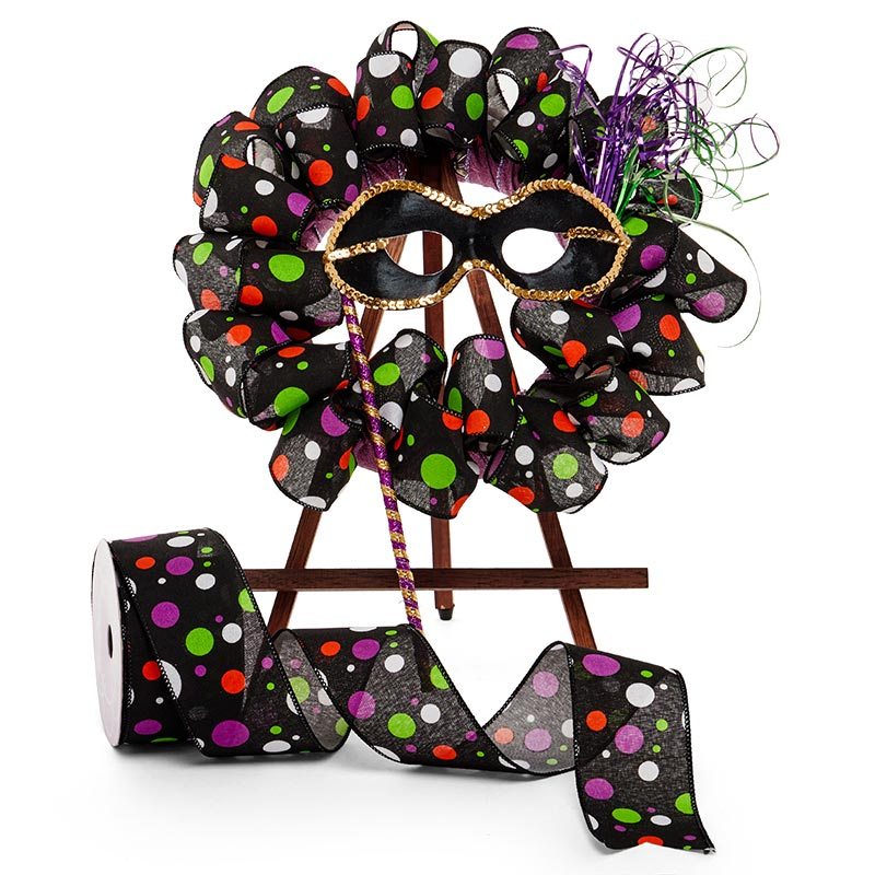 Mardi Gras Dots Wired Ribbon 2 1/2 '' X 10 yd - 1 / ROLL