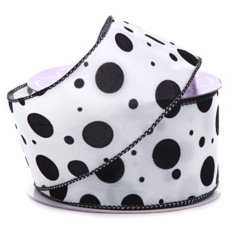 Flocked Dots Satin Wired Ribbon  2 1/2'' x 10 yd White / Black - 1 / ROLL