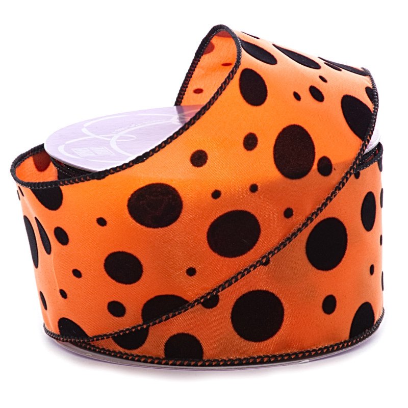 Flocked Dots Satin Wired Ribbon  2 1/2'' x 10 yd Orange / Black - 1 / ROLL