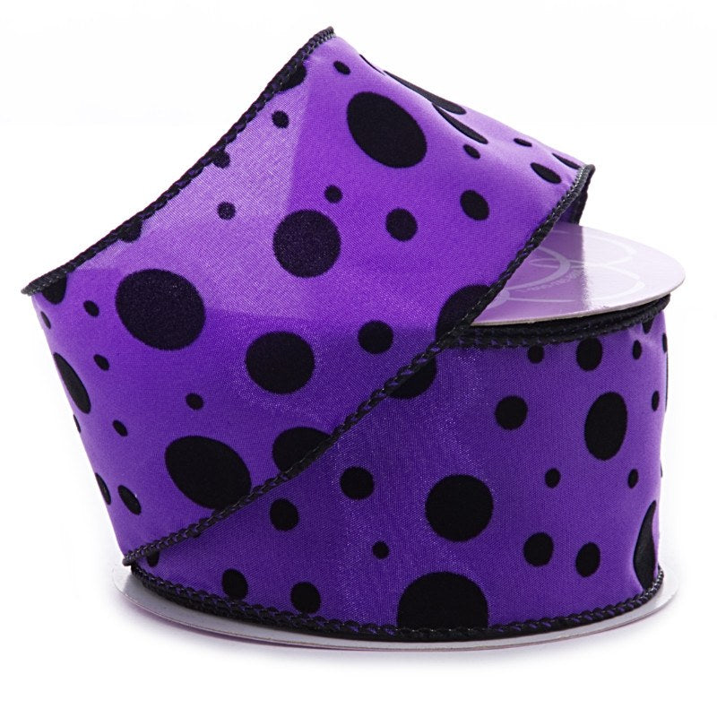 Flocked Dots Satin Wired Ribbon 2 1/2'' x 10 yd Dark Purple / Black - 1 / ROLL