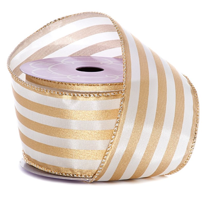 Kensington Striped Satin Wired Ribbon 2 1/2 '' X 10 yd White / Gold Color 1 / ROLL